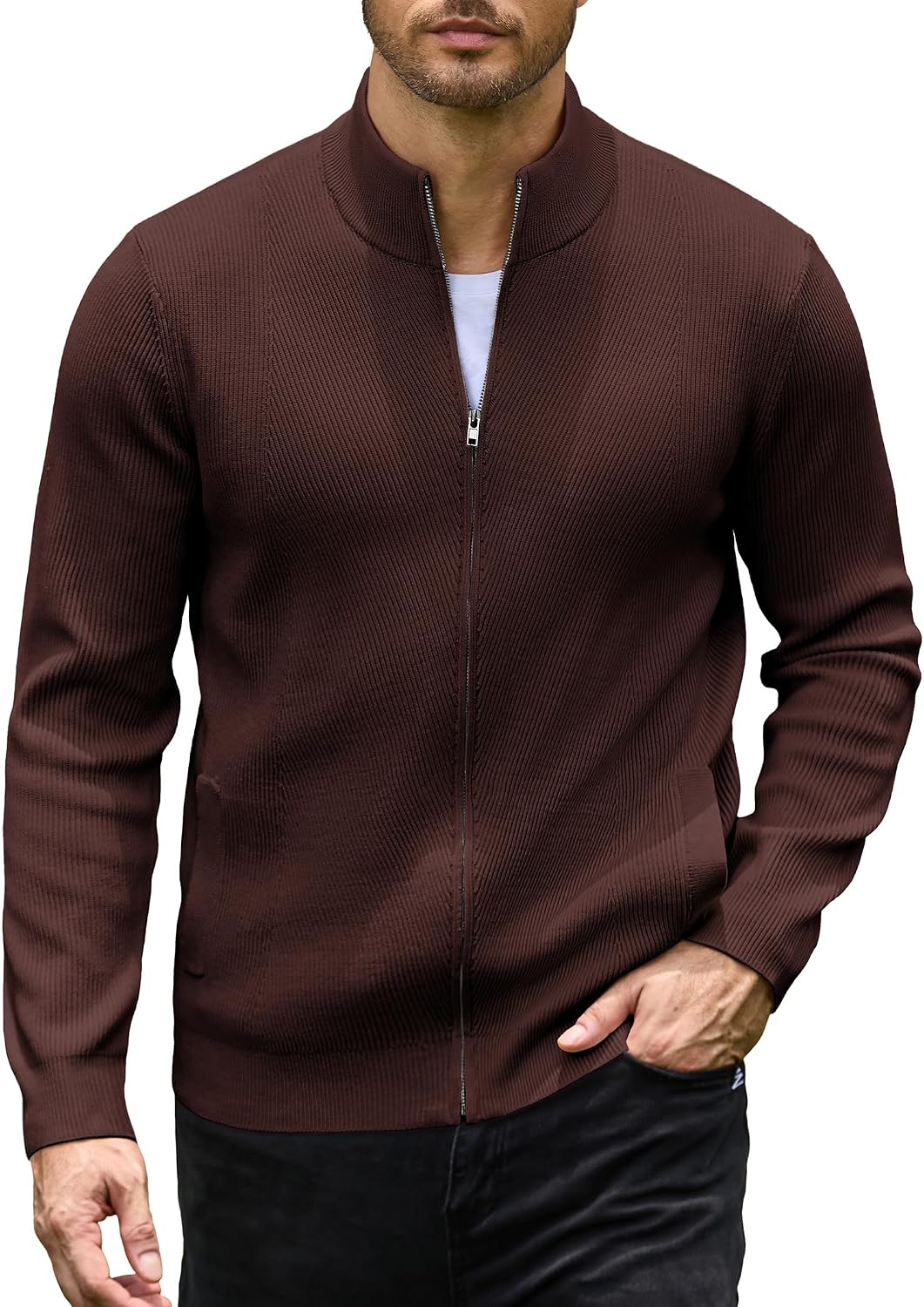 Men's Casual Zip-Up Knitted Cardigan Sweater with Stand Collar