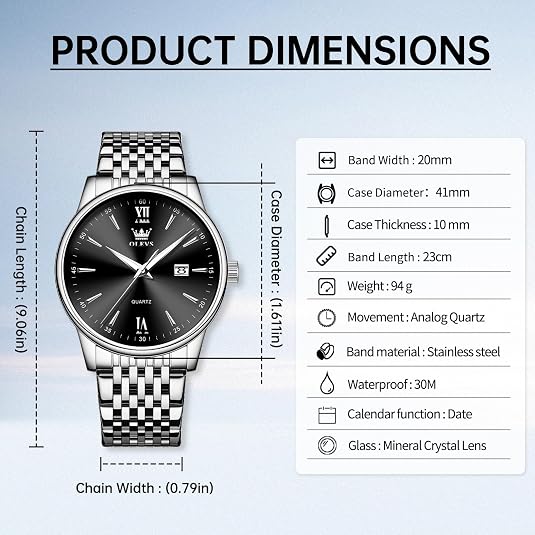 OLEVS Men's Classic Silver Stainless Steel Roman Watch