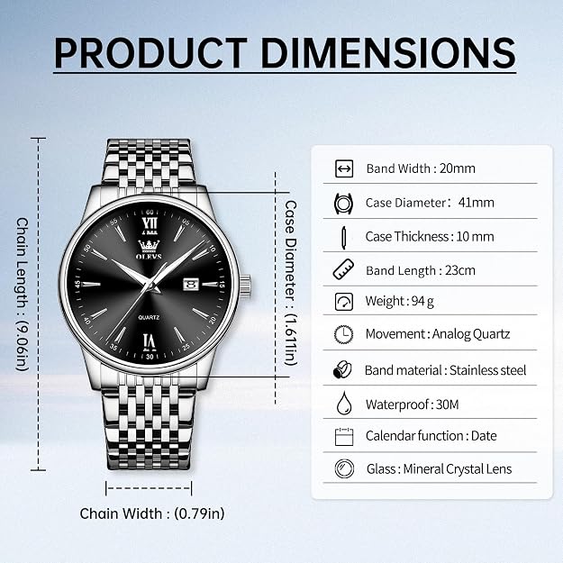 OLEVS Men's Classic Silver Stainless Steel Roman Watch