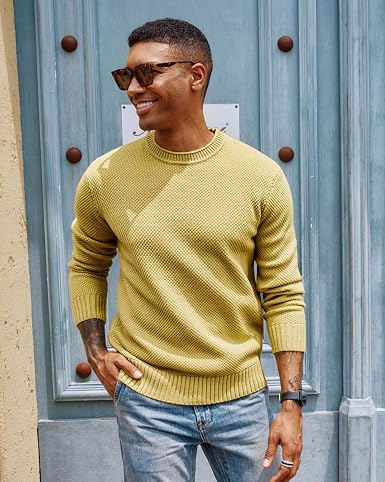 Men's Waffle Knit Crewneck Sweater Textured Pullover