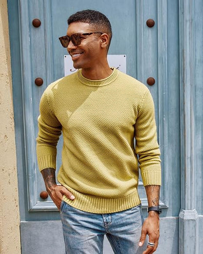 Men's Waffle Knit Crewneck Sweater Textured Pullover