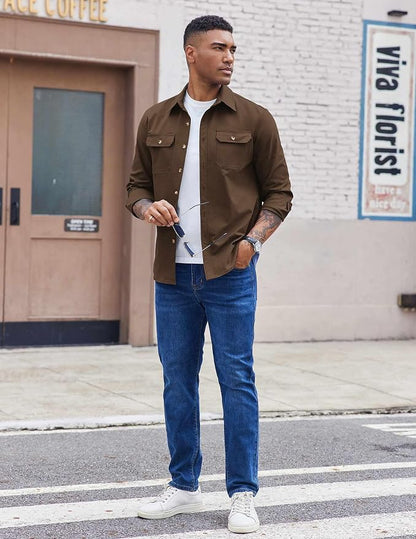 Men's Long Sleeve Button-Up Shirt Jacket with Flap Pockets