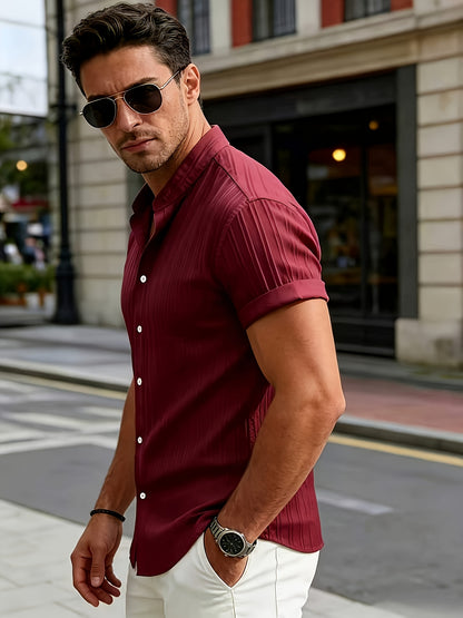 Men's Casual Athletic Short Sleeve Shirt with Stand Collar
