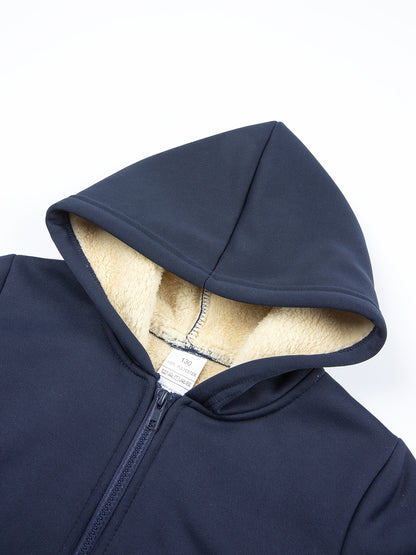 2 հատ տղաների համար նախատեսված բրդյա աստառով գլխարկով սվիտեր + առօրյա տաբատների հավաքածու, միագույն երկարաթև, կայծակաճարմանդով վերնաշապիկ՝ միջին ձգվողության տաք գործվածքից, աշուն/ձմեռ սեզոնի համար, իդեալական է