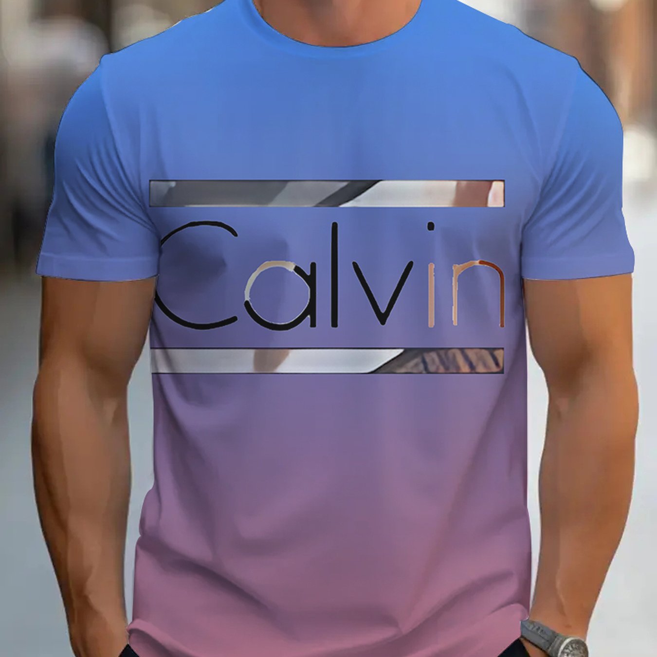 Men'S "Calvin" Graphic T-Shirt - Casual 3D Print Letter Tee with Geometric Design, Short Sleeve, Round Neck, Light Blue, Perfect for Summer, Everyday  Sportswear, Casual Wear Tee   Modern Casualwear   Comfortable Fit