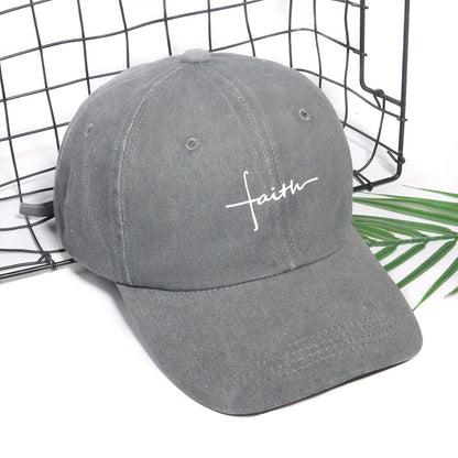 Vintage Street Style Water Wash Denim Polyester Baseball Cap, Faith Print, for Men, Women