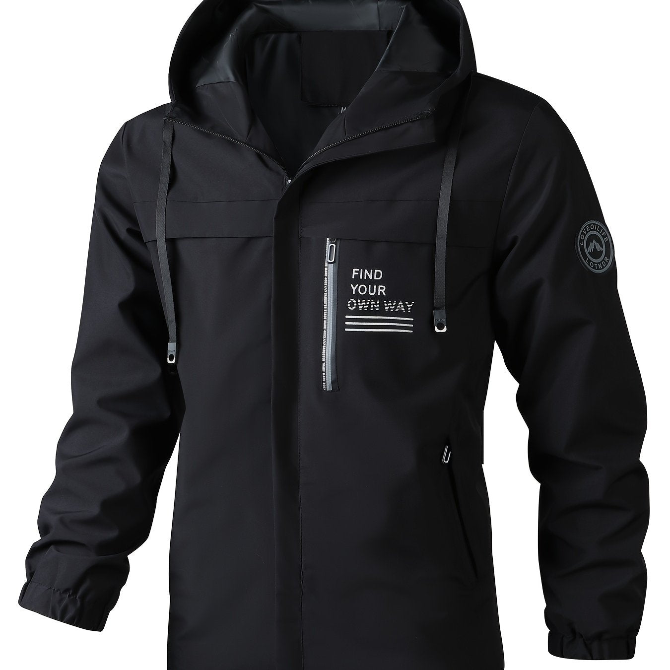 Men'S Stylish Black Hooded Windbreaker Jacket with Zipper Pockets - Casual, Loose Fit, Long Sleeve, Polyester Lining, Perfect for Spring and Fall, Casual Wear Jacket|Hooded Jacket|Zippered Jacke