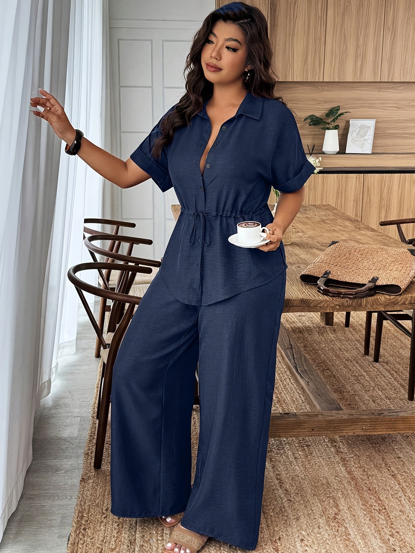 Women's Elegant Polo Neck Pullover & Solid Long Pants Set