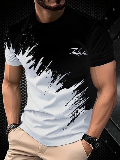 Men'S 3D Print Black And White Color-Blocked Graphic T-Shirt, Casual Short-Sleeve Summer Outdoor Wear (Middle East)