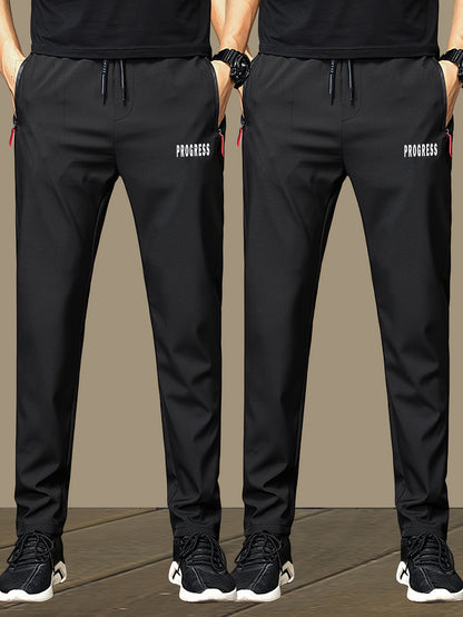 2pcs Men's Lightweight Joggers - Quick-Dry Breathable Polyester, Stylish "PRINCESS" Print with Drawstring Waist & Zipper Pockets, Black Casual Sweatpants for Casual Attire, Adjustable Comfort Pants | Stylish Print Joggers | S