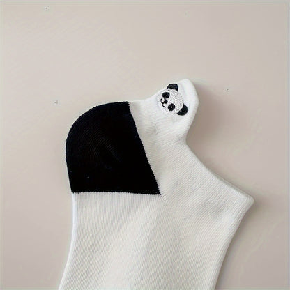 Women's Cotton Ankle-Length Socks 5-Pair Set with Panda Embroidery, Breathable Moisture-Wicking Knit, Anti-Odor, Seamless Toe, Stretch Spandex Blend - Size 200 Needle Count
