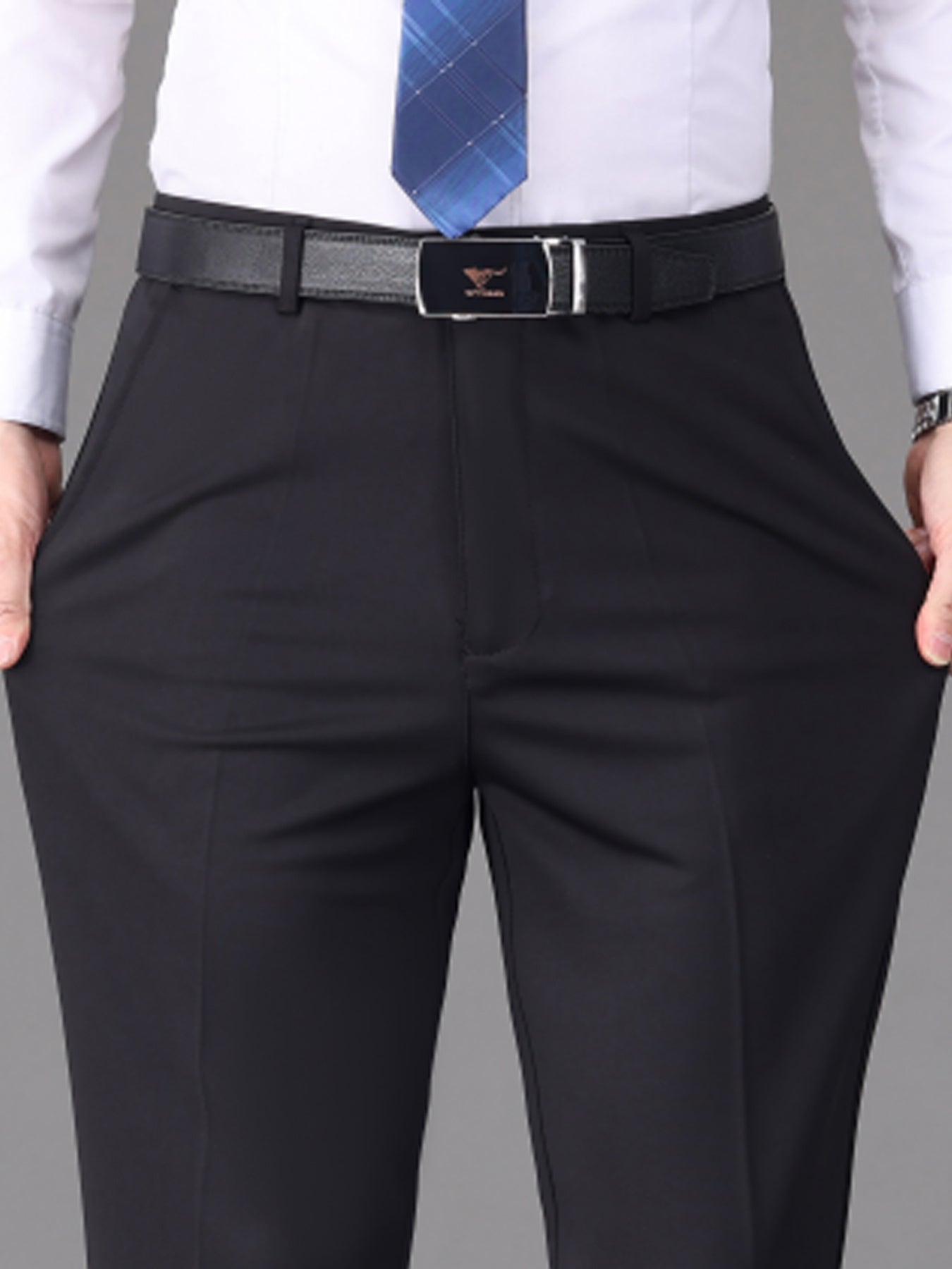 [Lightweight Design] Men's High-Waist Stretch Dress Pants - Wrinkle-Resistant, Dark Blue Business Casual with Pockets, Straight Leg Fit for Spring/Fall