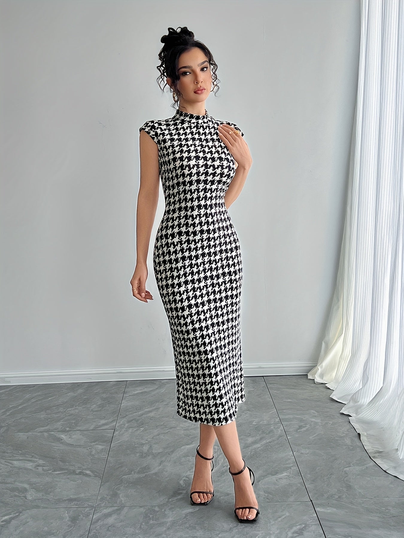 Էլեգանտ Houndstooth Color Block Bodycon զգեստ՝ կլոր վզով, պոլիեսթեր, լվացվող մեքենայում՝ կատարյալ երեկույթների և երեկոյան միջոցառումների համար