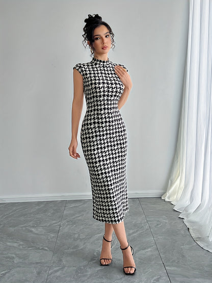 Էլեգանտ Houndstooth Color Block Bodycon զգեստ՝ կլոր վզով, պոլիեսթեր, լվացվող մեքենայում՝ կատարյալ երեկույթների և երեկոյան միջոցառումների համար