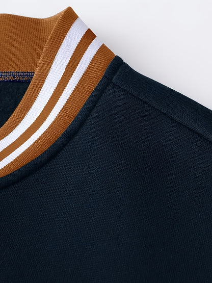 Men's Fashionable R-Letter Patchwork Casual Street Style Baseball Jacket - Polyester, Maroon & Black with White Stripes, Button Closure, with Pockets