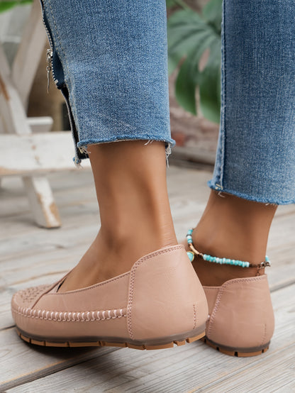 Women's Retro Perforated Flat Shoes, Comfy Breathable Round Toe Slip On Shoes, Casual Outdoor Loafers