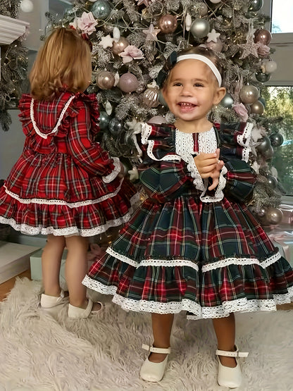 Girls' Plaid Tartan Puffed Sleeve High-Low Neck Ruffled Hem Dress with Ruffled Collar & Lace Trim - Plaid Princess Party Dress with Skirt, Machine Washable Winter Formal & Everyday Outfit for Christmas, New Year's, Easter - S