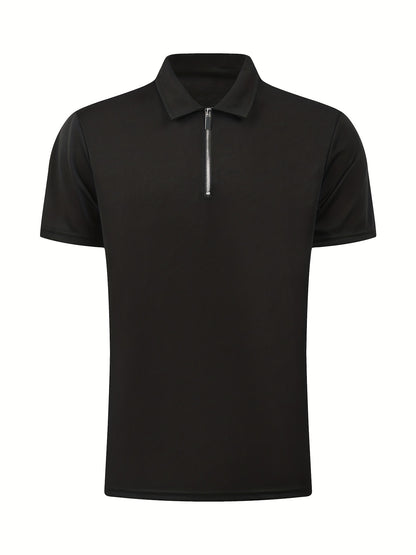 [Golf Apparel] Men's Classic White Shirt - Casual Summer Style with Short Sleeves, Zipper Collar, and Stretch Polyester Fabric - Perfect for Streetwear & Golf
