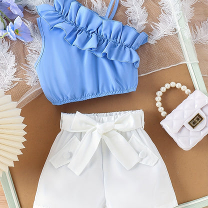 2pcs Set for Little Girls: Fashionable Shoulder Bag with Lace Trim + Shorts