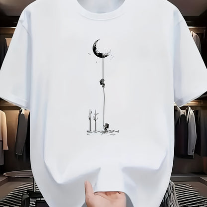Men's Casual Graphic T-Shirt - Soft Polyester Blend, Crew Neck, Short Sleeve, Summer Style with Unique Moon and Figures Print, Lightweight and Comfortable for Casual Attire, Everyday Tshirt   Artistic Design Shirt   Lightweig