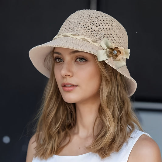 Elegant Women's Floral Breathable Polyester Bucket Hat for Summer - ayq