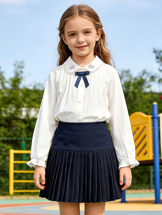 Աղջիկների դպրոցական 2 կտորից «Preppy» ոճի հավաքածու՝ ժանյակավոր բլուզով և ծալքավոր կիսաշրջազգեստով