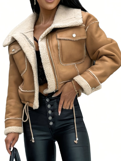 Women's Suede-Like Lamb Fleece Jacket - Winter Warm Coat with Full-Zip Closure, Collar & Plush | Hand Washable Soft Outerwear for Fall & Winter | Cozy Casual Outer Layer (No Dry Clean) | Lamb Fleece Coat for Cold Weather