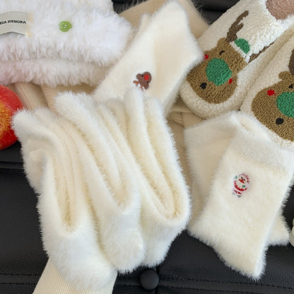 1 Pair Women's Cozy Furry Winter Thermal Socks - Thick Warm Plush Polyester with Festive Snowman, Gingerbread & Reindeer Embellishments, Soft Round Toe & Heel, Hand Wash Only - Christmas & New Year's Party Socks for Cold Weat