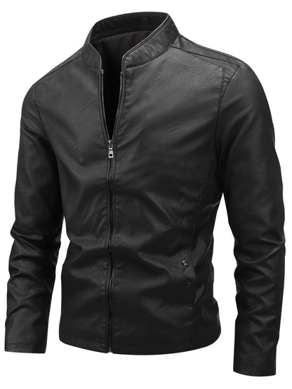 Men's Casual Baseball Collar PU Jacket with Zipper