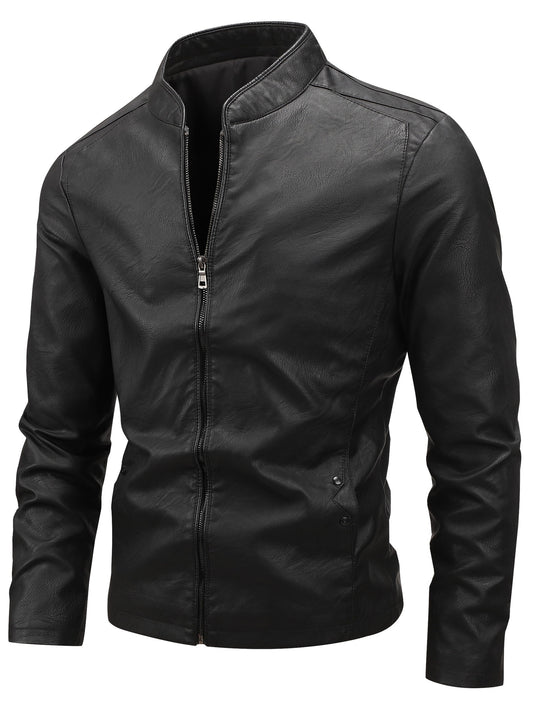 Men's Casual Baseball Collar PU Jacket with Zipper