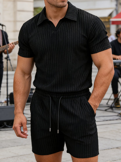Men'S Textured Polo Collar Short Sleeve And Shorts Set | Breathable Elastic Comfort Top + Drawstring Waist Shorts, Versatile For Daily Commute, Running, And Casual Outings, Ideal For Spring/Summer/Fall - ayq