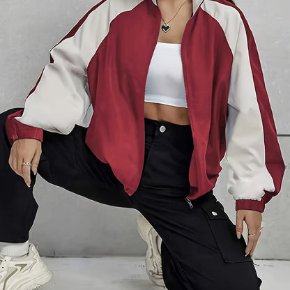 Women's Elegant Mandarin Collar Jacket - Burgundy & Half-Zip Coat with White Piping, All-Season Structured Outerwear (Black /Notch), Machine Washable Casual to Formal Blazer for & Social Events, Jackets For Women, Jacket For