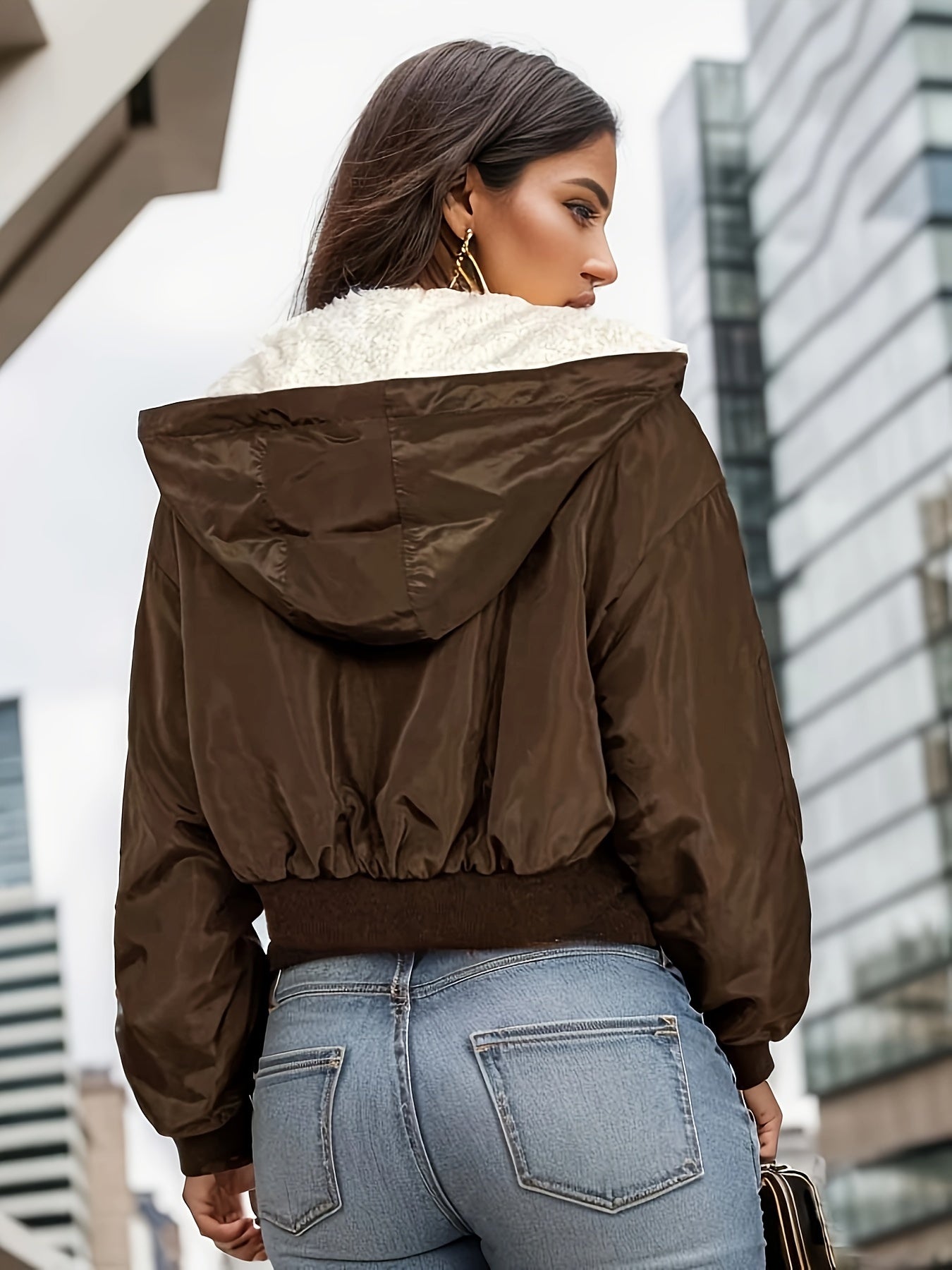 Կանացի առօրյա, երկկողմանի բաճկոն - Շքեղ շագանակագույն գլխարկով վերնազգեստ՝ կոնտրաստային եզրագծով, երկար թևքերով և երիզավոր մանժետներով - Պոլիեսթեր, լվացվող մեքենայով