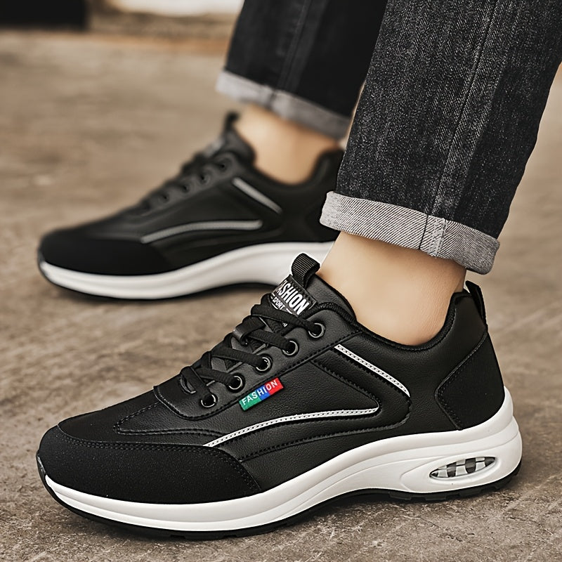 Men's Casual Skate Sneakers - Low-Top Breathable PU & Fabric Upper, Durable PVC Sole, Black/White Colorway for All-Season Urban Streetwear & Light Sports, Everyday Footwear | Sleek Sneaker Design | Fabric Lined Interior, Skat