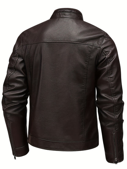 Men's Stylish Burgundy Jacket - Fall/Winter Trendy Stand Collar Biker Jacket with Multiple Zippered Pockets, Casual Design for Casual Attire, Fall Jacket | Modern Casual Jacket | Glossy Finish Jacket - ayq