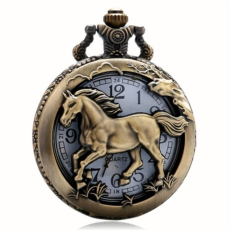 Retro Hollow Horse Quartz Pocket Watch Necklace, Animal Pendant Chain Souvenir Birthday Gift