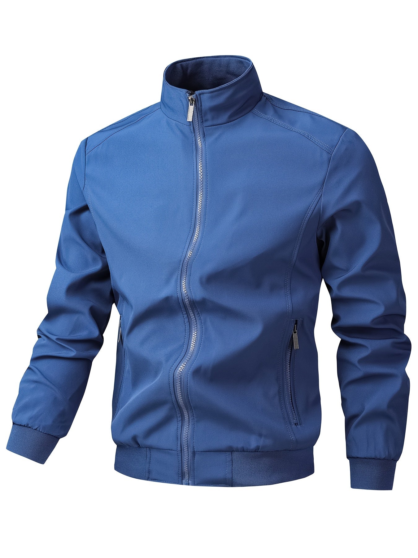 Men's Casual Royal Blue Bomber Jacket - Full Zip, Loose Fit, Polyester, Stand Collar, Long Sleeve, Lightweight & Durable for Spring and Fall, Casual Outerwear | Ribbed Cuff Sleeves | Durable Outerwear
