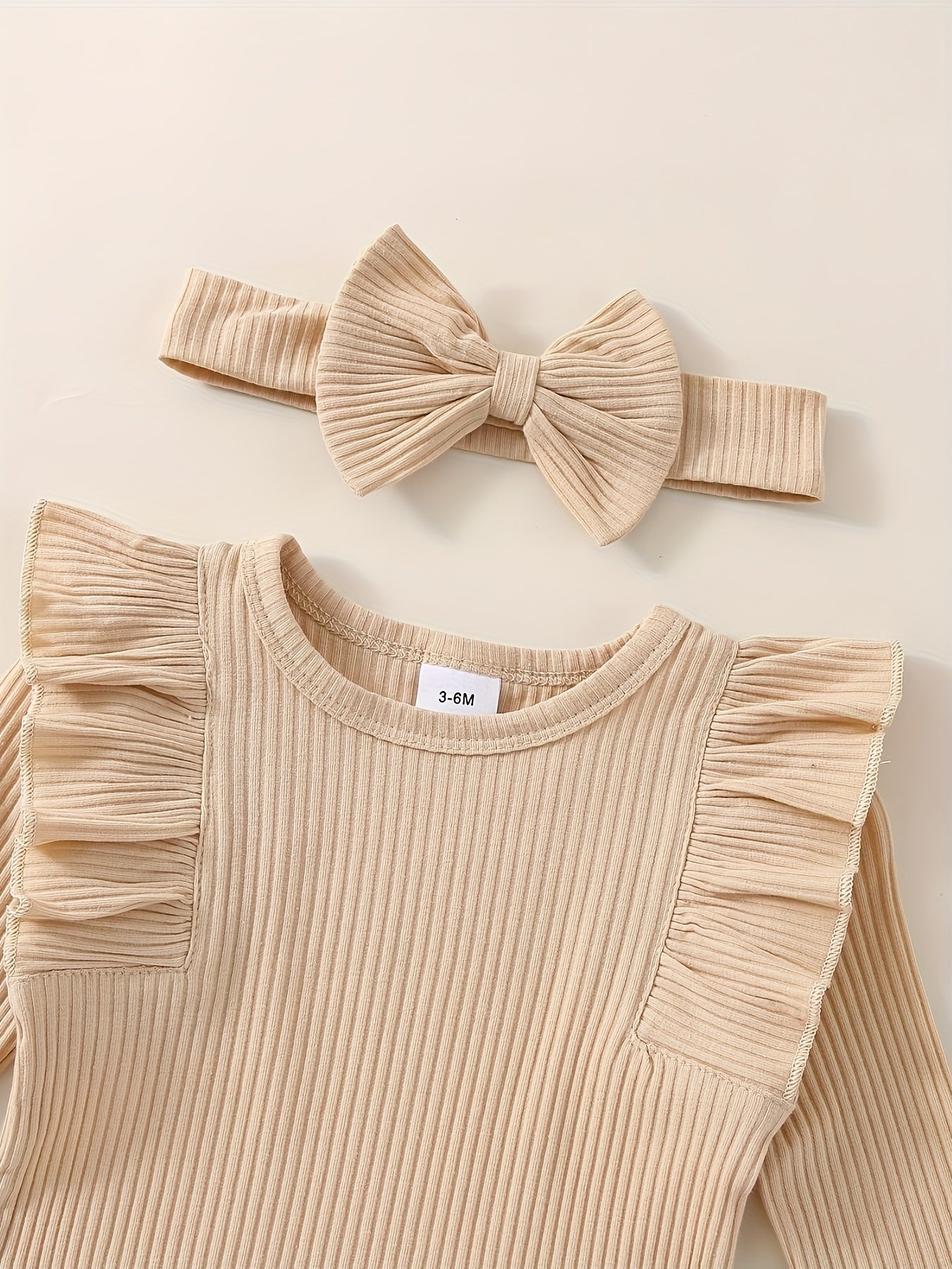 3pcs Baby Girl Outfit Set, Cute Ribbed Ruffle Long Sleeve Romper & Pants, 95% Cotton 5% Spandex, Crew Neck Pullovers, Solid Color, Regular Fit, No Belt, Fall/Winter Knit Fabric, 0-18 Months, for Outdoor