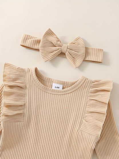 3pcs Baby Girl Outfit Set, Cute Ribbed Ruffle Long Sleeve Romper & Pants, 95% Cotton 5% Spandex, Crew Neck Pullovers, Solid Color, Regular Fit, No Belt, Fall/Winter Knit Fabric, 0-18 Months, for Outdoor