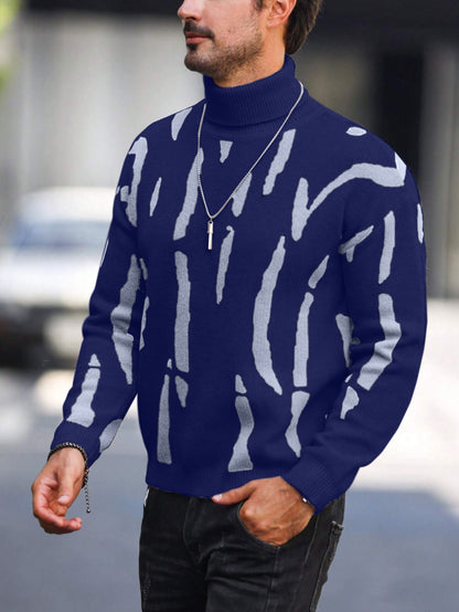 Men's Zebra Stripe Knit Sweater - High Neck Winter Pullover with Zebra Stripes, Warm Casual Sweaters for Weather, Hand Washable Fall/Winter Wardrobe Essential (Regular Fit)