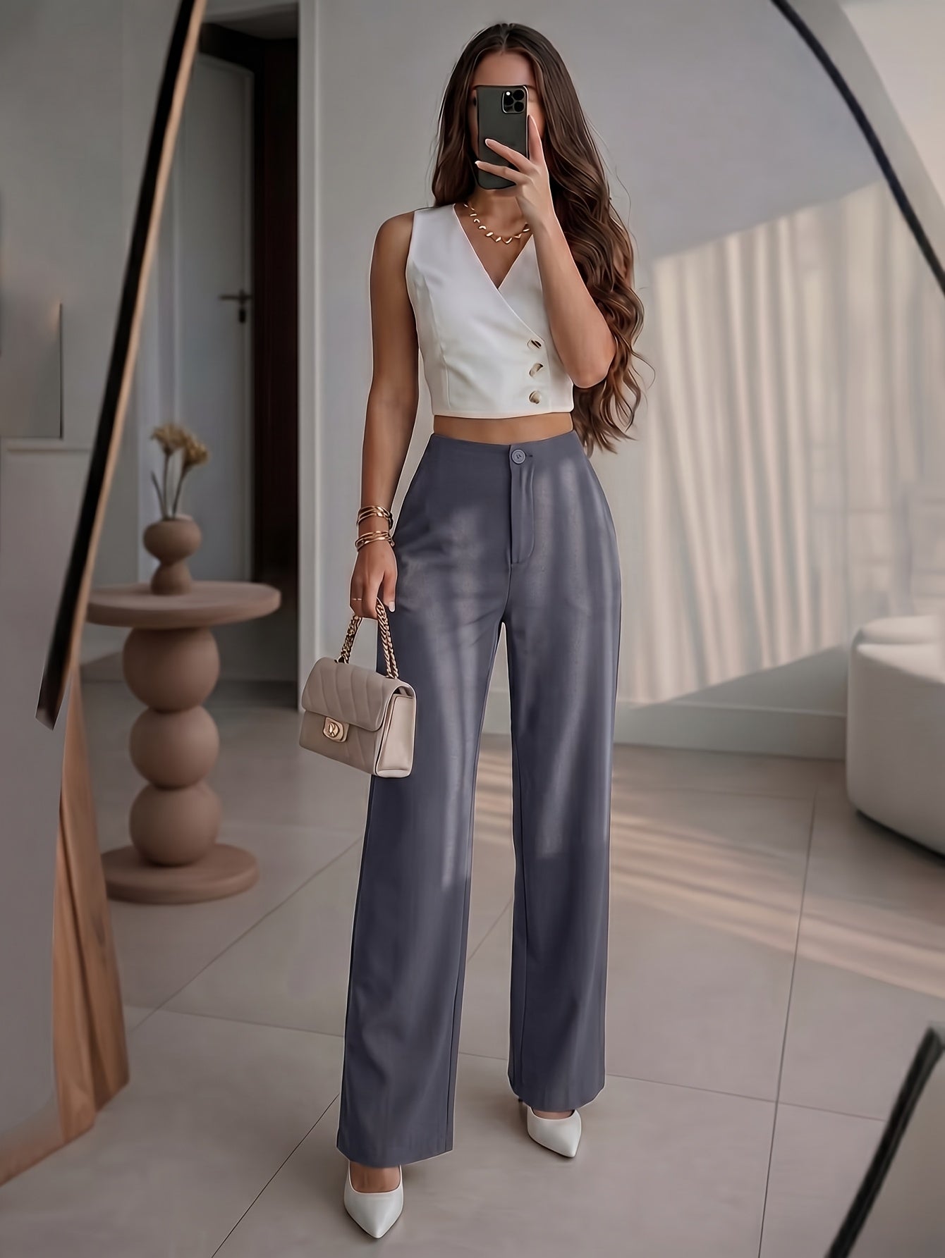 Petite High-Waisted Wide Leg Pants - Chic Draped Straight Trousers
