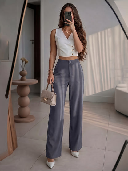 Petite High-Waisted Wide Leg Pants - Chic Draped Straight Trousers