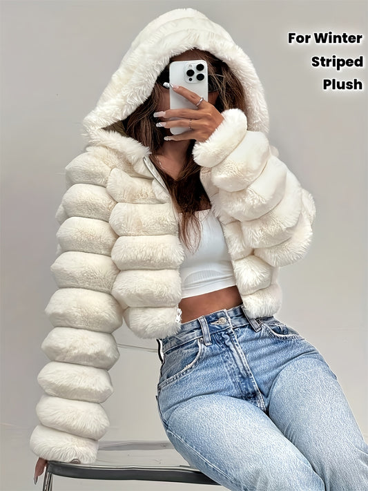 Women'S Elegant Faux Fur-Lined Hooded Jacket - Chic Short Coat with Zipper Closure, Long Sleeves, Solid Color & Striped Design for Fall/Winter, Cozy Warm Outerwear for Casual or Formal Occasions, Ladies Winter Coats, Seasonal