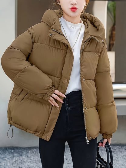 Կանացի նորաձև ձմեռային կայծակաճարմանդով և գլխարկով բաճկոն - ամենօրյա, հաստ վերնազգեստ գրպաններով, երկար թևքերով, չձգվող գործվածք, միագույն, 100գ/մ², իդեալական է ցուրտ եղանակի համար, ձմեռային հագուստ