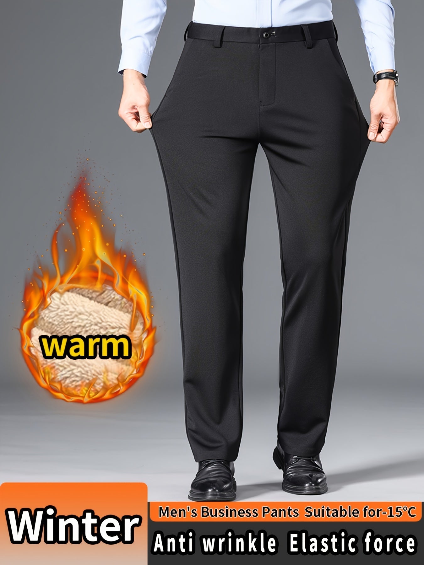 Men'S High Waist Solid Color Straight Leg Business Pants with Pocket Details, Polyester and Elastane Blend with Viscose Lining, Elastic Stretch, Zipper Fly Closure, Suitable for Fall/Winter Workwear