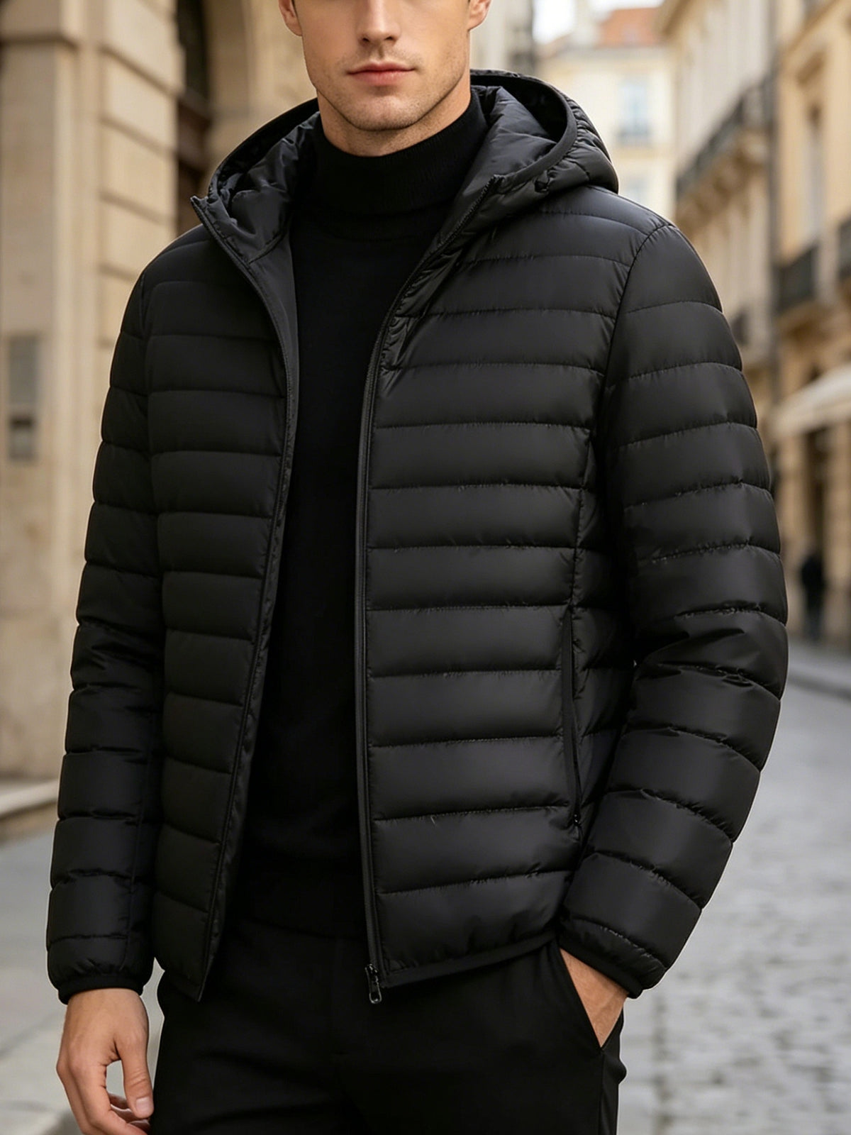 Men's Casual Hooded Padded Coat - Warm Polyester Outerwear