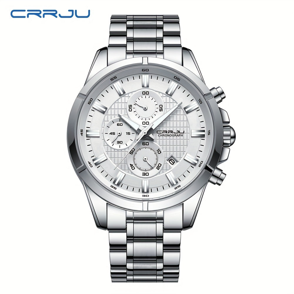 CRRJU Fashion Men's Watch, Business Solid Stainless Steel Multifunctional Chronograph Watch