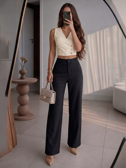 Petite High-Waisted Wide Leg Pants - Chic Draped Straight Trousers