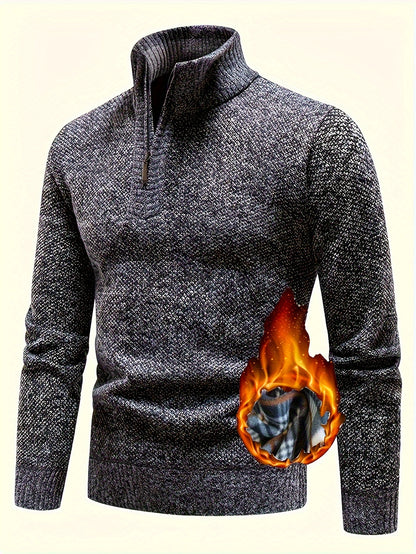 Men's Fleece-Lined Warm Knit Sweater - Autumn/Winter, Solid Color with Stand Collar & Short Zipper Placket, Long Sleeve, Polyester - Ideal for Hiking, Cycling & Casual Attire, Winter Sweater