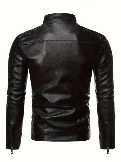 Men's Black Quilted Faux Leather Biker Jacket with Stand Collar